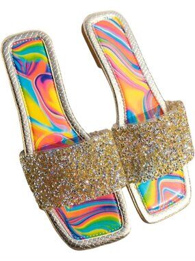 🆕Women's Gold 1 Rhinestone Rainbow Flat Sandals Sparkly Bling Slides Glitter